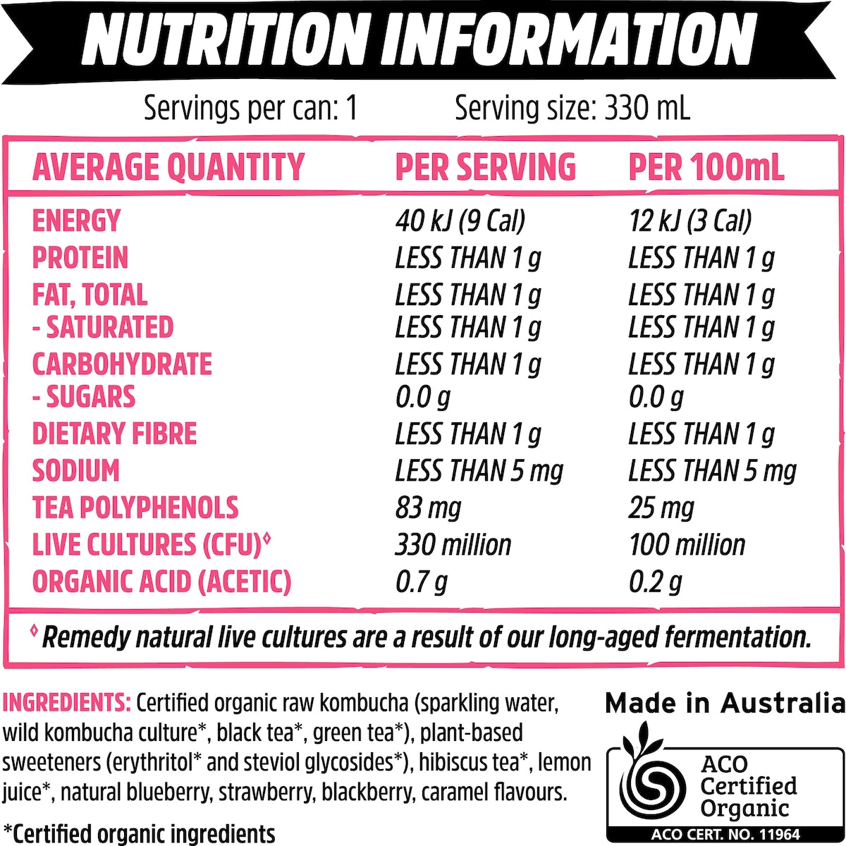 Remedy Organic Kombucha Wild Berry 330ml
