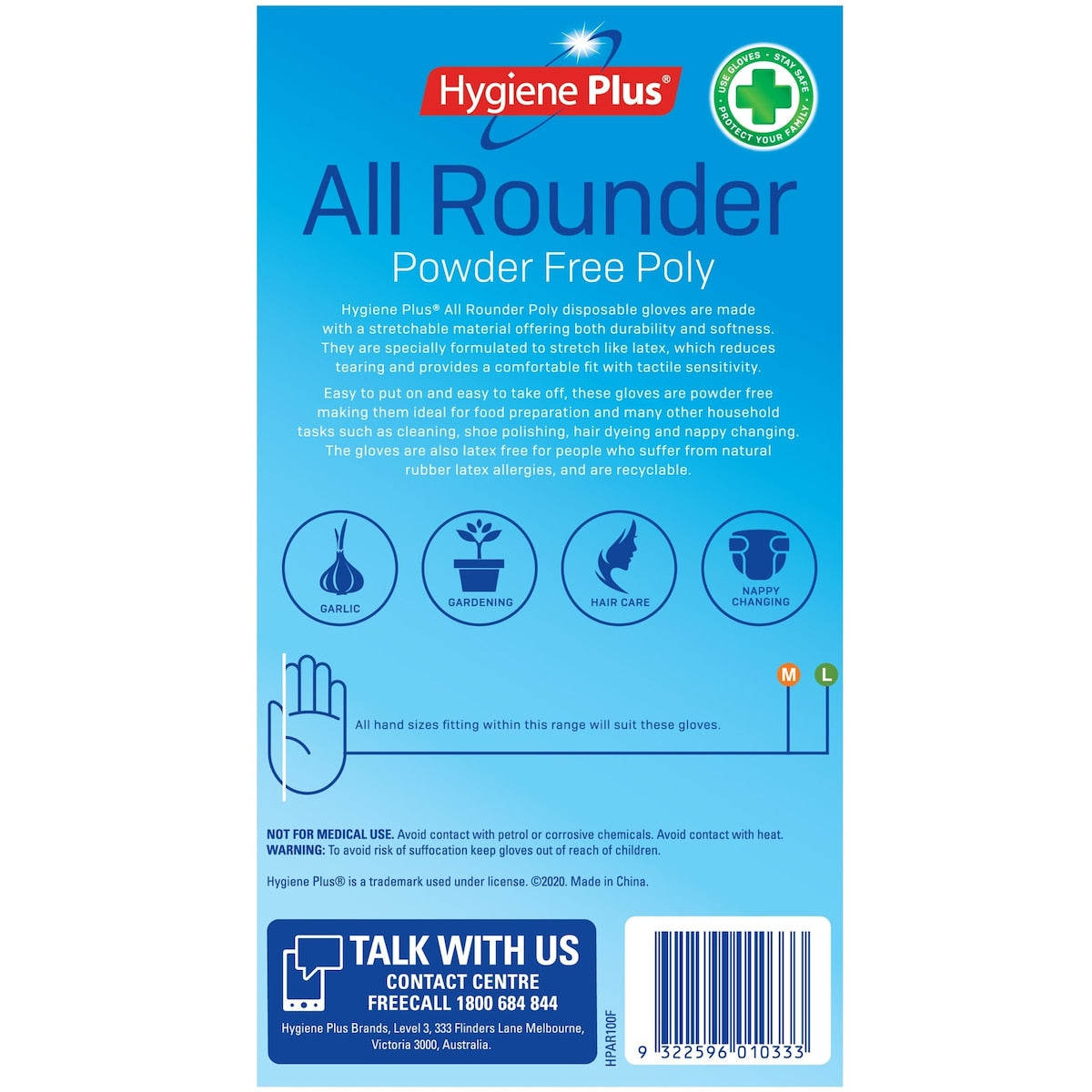 Hygiene Plus All Rounder Powder Free Poly Gloves M/l 100 Pack