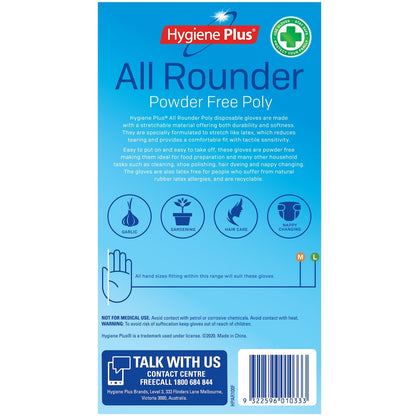 Hygiene Plus All Rounder Powder Free Poly Gloves M/l 100 Pack