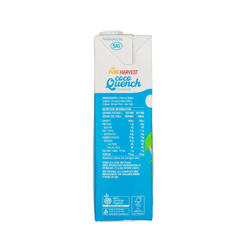 Pureharvest Coco Quench Organic Coconut Unsweetened Long Life Milk Uht - 1L
