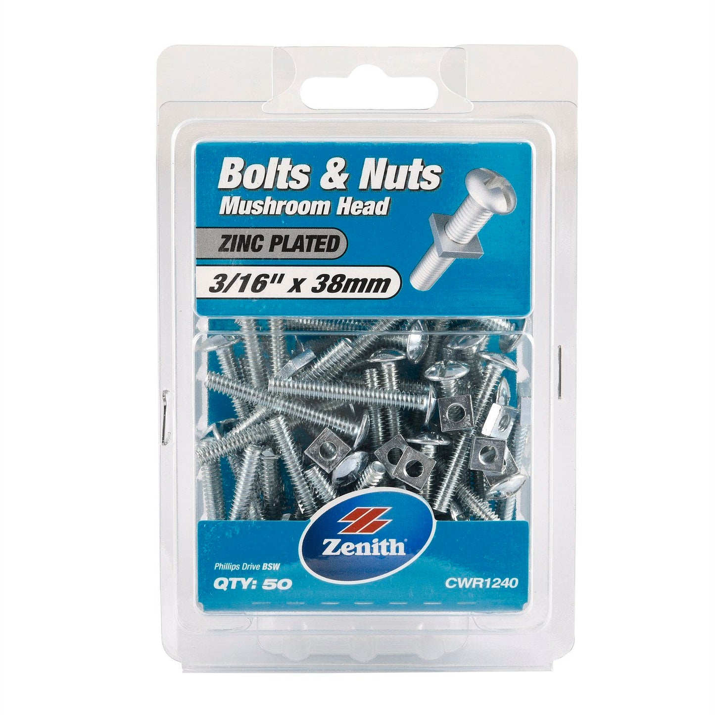 Zenith Mushroom Head Bolt and Nut - 3/16 x 38mm - 50 Pack