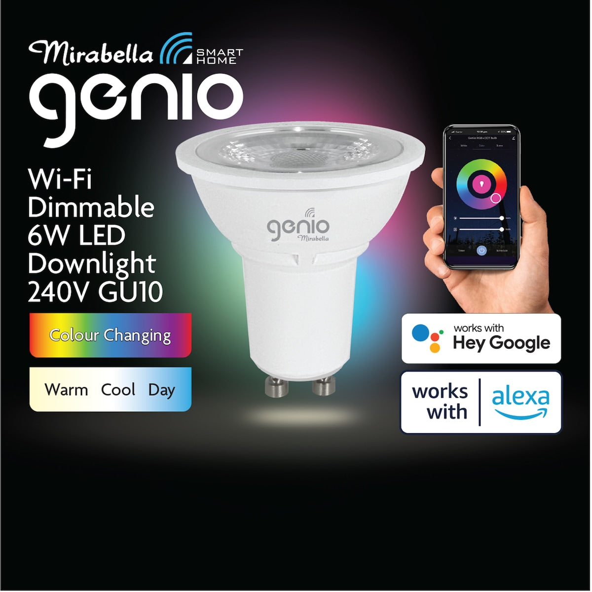 Mirabella Genio Wi-Fi Dimmable 6W LED GU10 Downlight – Smart Colour Changing Light (240V)