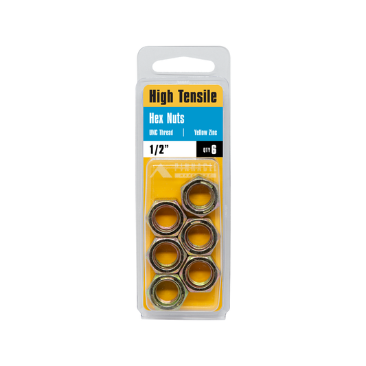 Pinnacle Hi Tensile Yellow Zinc Hex Nuts UNC Thread 1/2" 6 Pack