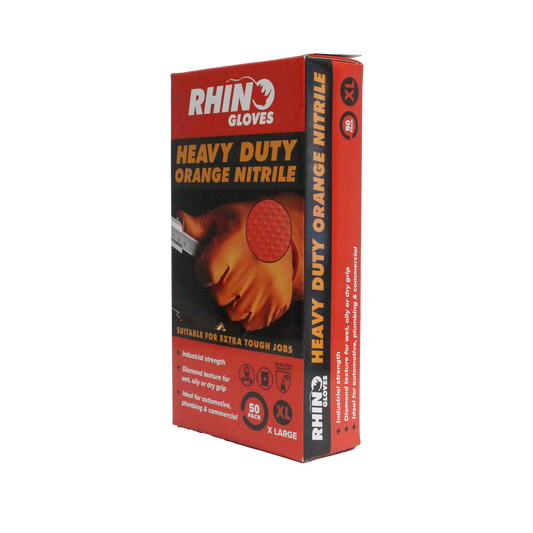 Rhino Extra Large Heavy Duty Orange Nitrile Disposable Gloves - 50 Pack