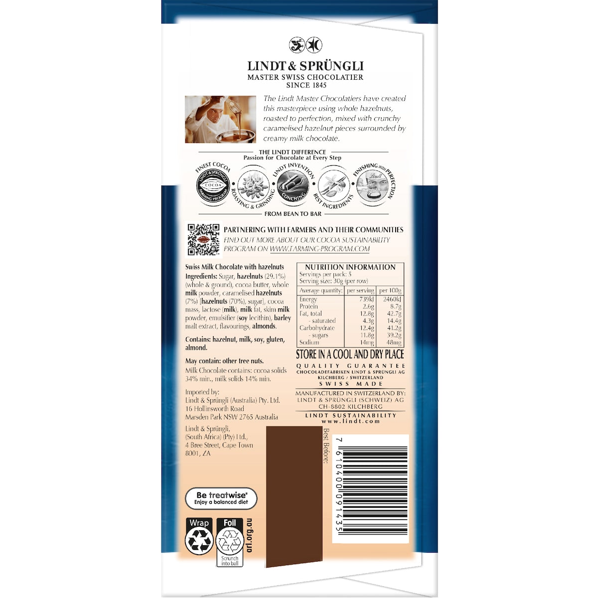Lindt Les Grandes Milk Chocolate & Hazelnut Block 150g