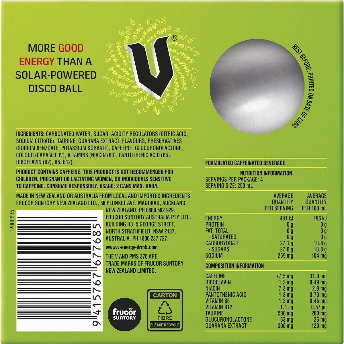 V Original Guarana Energy Drink 250ml X 4 Pack