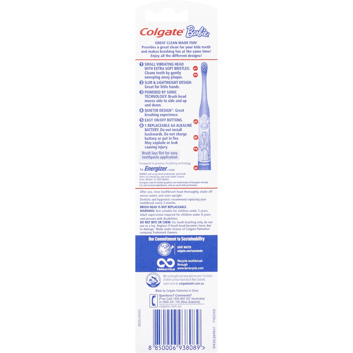 Colgate Kids Toothbrush Battery Sonic Barbie Extra Soft For 3+ Years Each