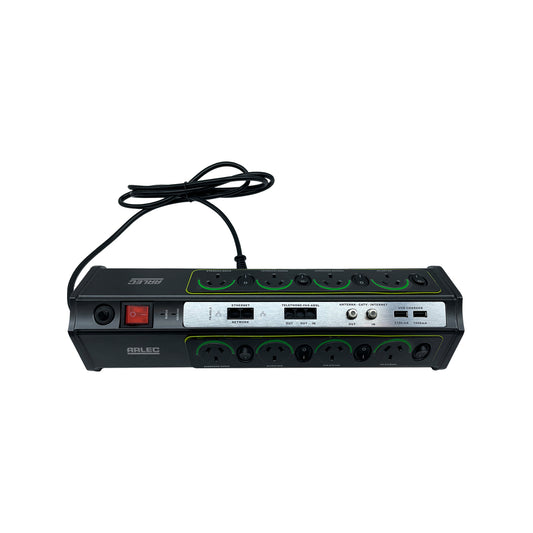 Arlec 8-Outlet Powerboard With USB, CAT6 and ADSL, Coax Surge Protection PB8SWTV