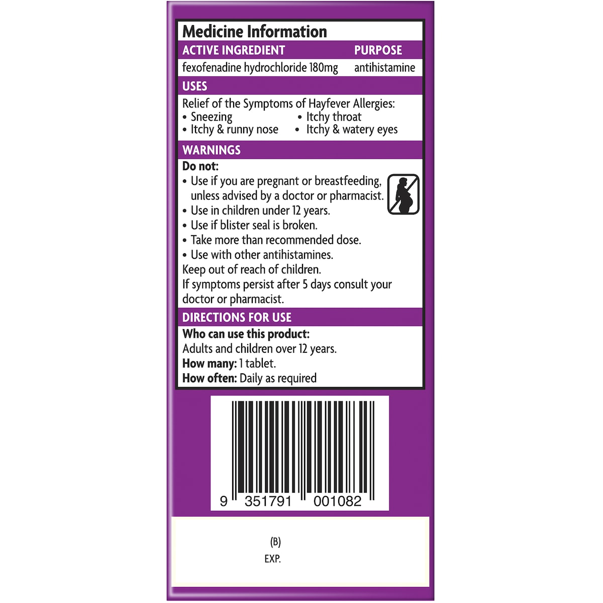 Telfast Hayfever Allergy Relief 180mg Antihistamine Tablets 5 Pack