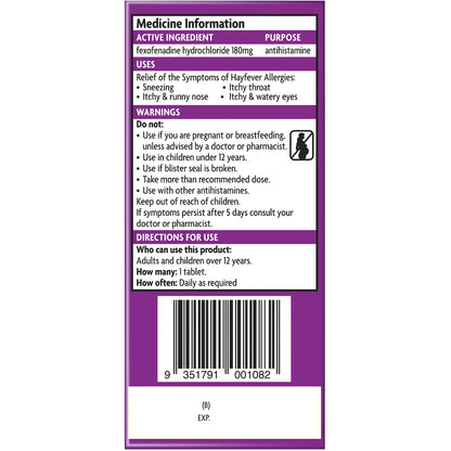 Telfast Hayfever Allergy Relief 180mg Antihistamine Tablets 5 Pack