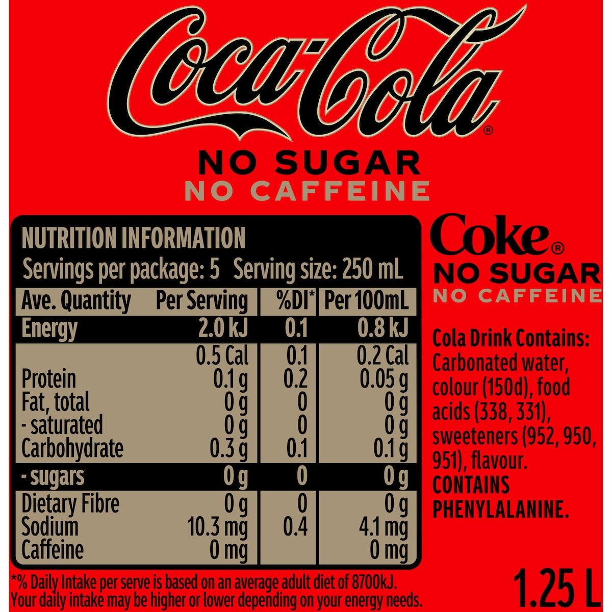 Coca-cola Caffeine Free Zero Sugar Soft Drink Bottle 1.25l