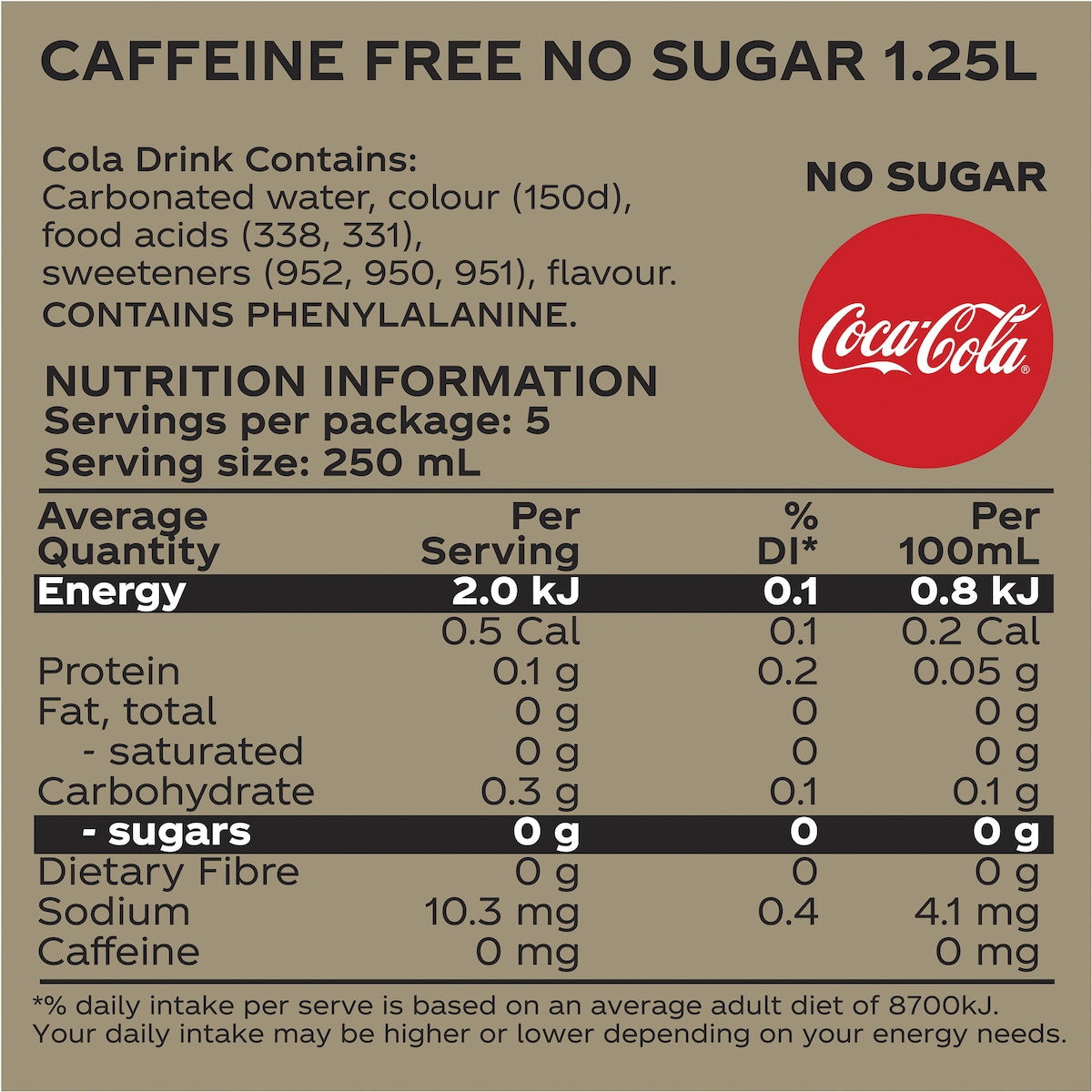 Coca-cola Caffeine Free Zero Sugar Soft Drink Bottle 1.25l