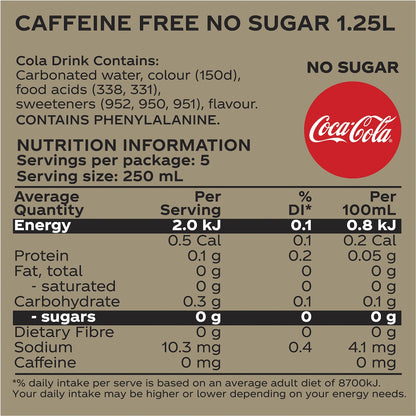 Coca-cola Caffeine Free Zero Sugar Soft Drink Bottle 1.25l