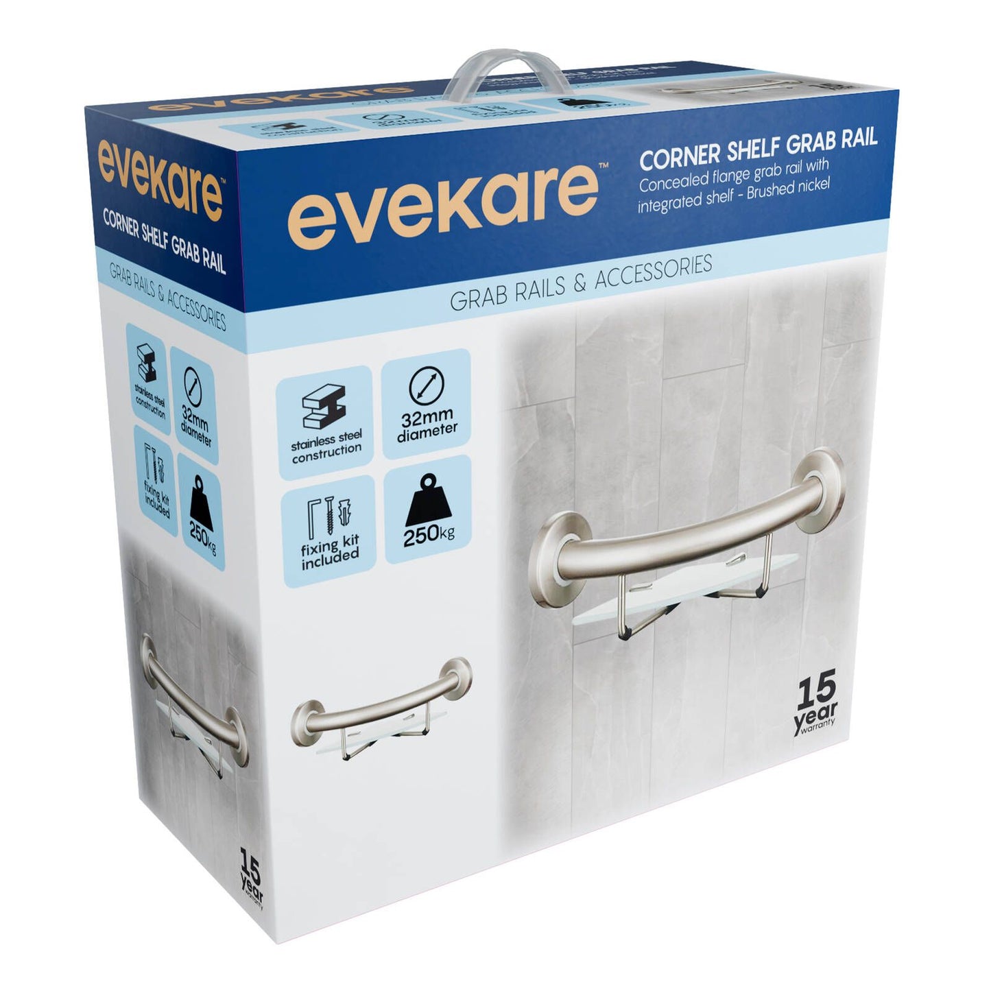 Evekare Brushed Nickel Corner Shelf with Grab Rail - 270 x 120mm