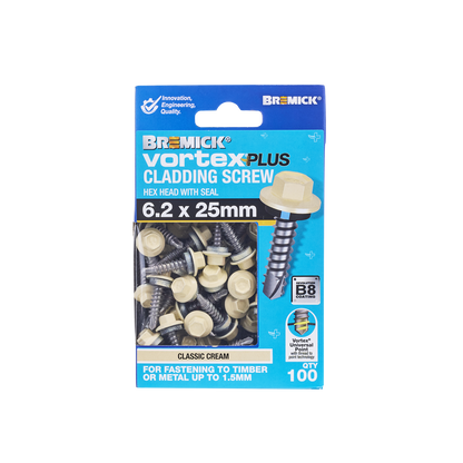 Bremick Vortex Plus Cladding Screw - 6.2 x 25mm - Hex B8 - 100 Pack