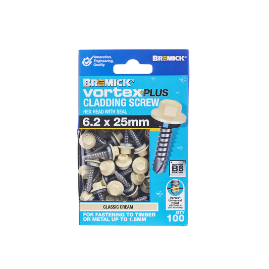Bremick Vortex Plus Cladding Screw - 6.2 x 25mm - Hex B8 - 100 Pack