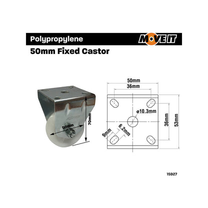 Move It 50mm White Polypropylene Fixed Plate Castor - Durable - 40kg Load Capacity