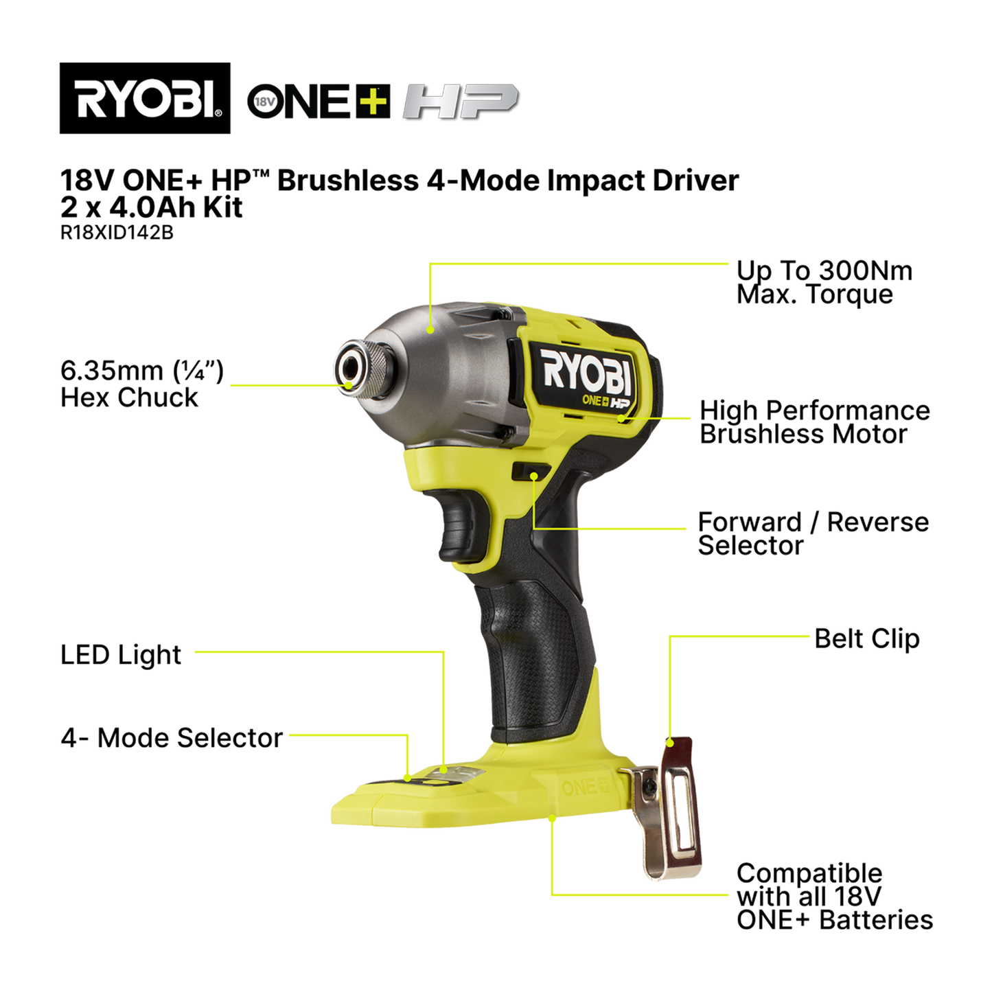 Ryobi HP Brushless Impact Driver Kit - 18V One - 300Nm - 2 x 4.0Ah