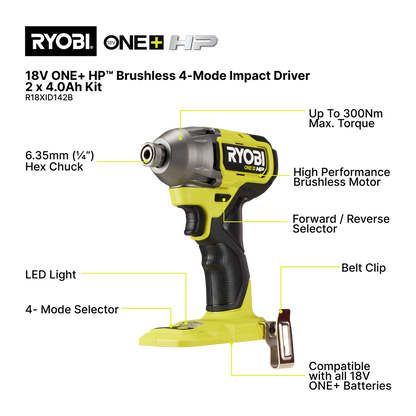Ryobi HP Brushless Impact Driver Kit - 18V One - 300Nm - 2 x 4.0Ah