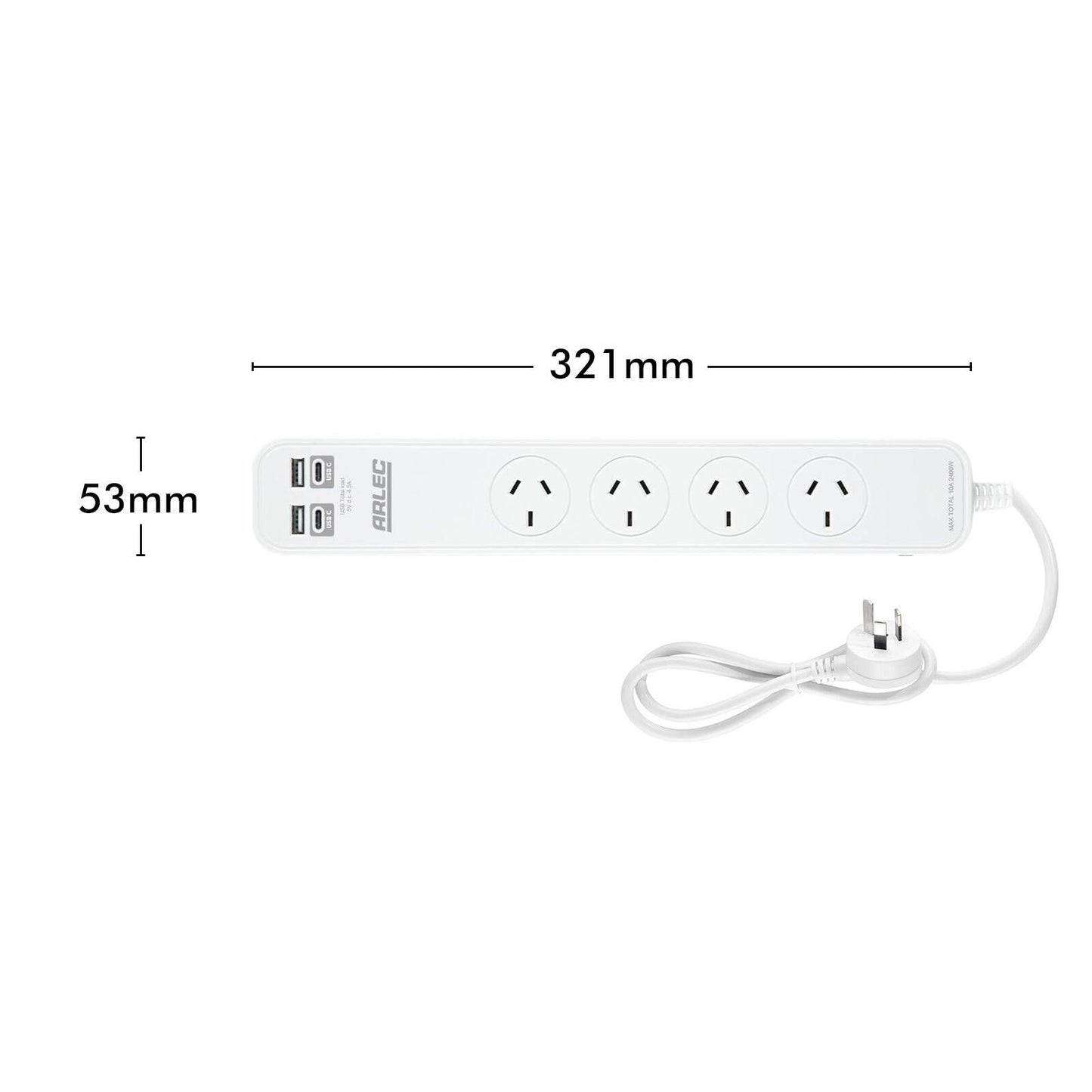 Arlec Powerboard with USB - 4 Outlet - 0.9m - White