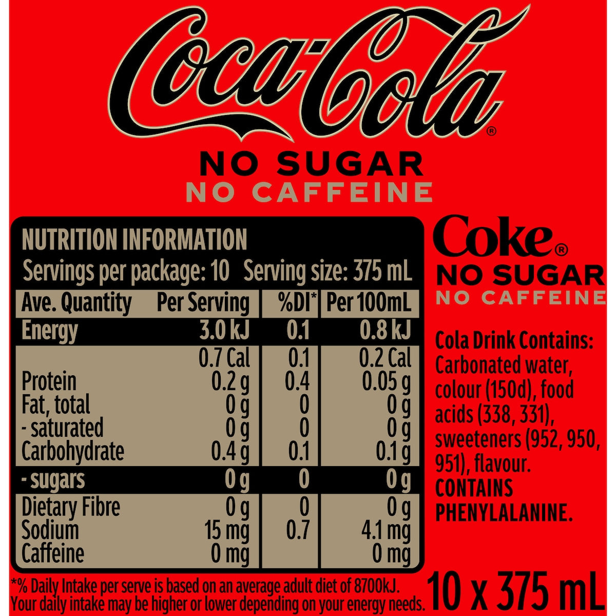 Coca-cola Caffeine Free Zero Sugar Soft Drink Cans 375ml X 10 Pack