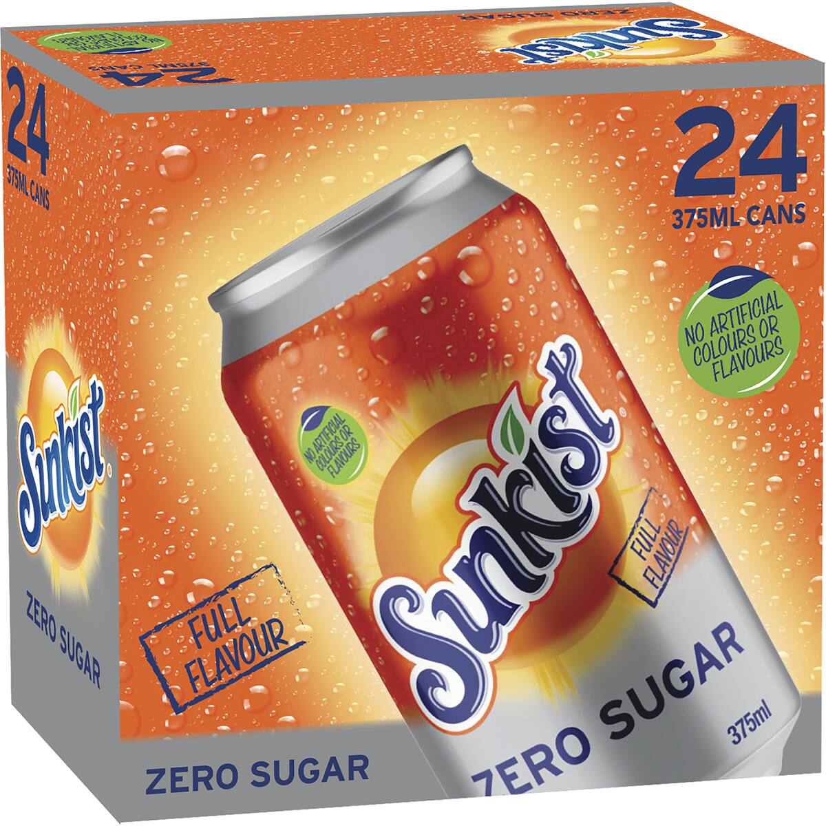 Sunkist Zero Sugar Orange Soft Drink Cans 375ml X 24 Pack