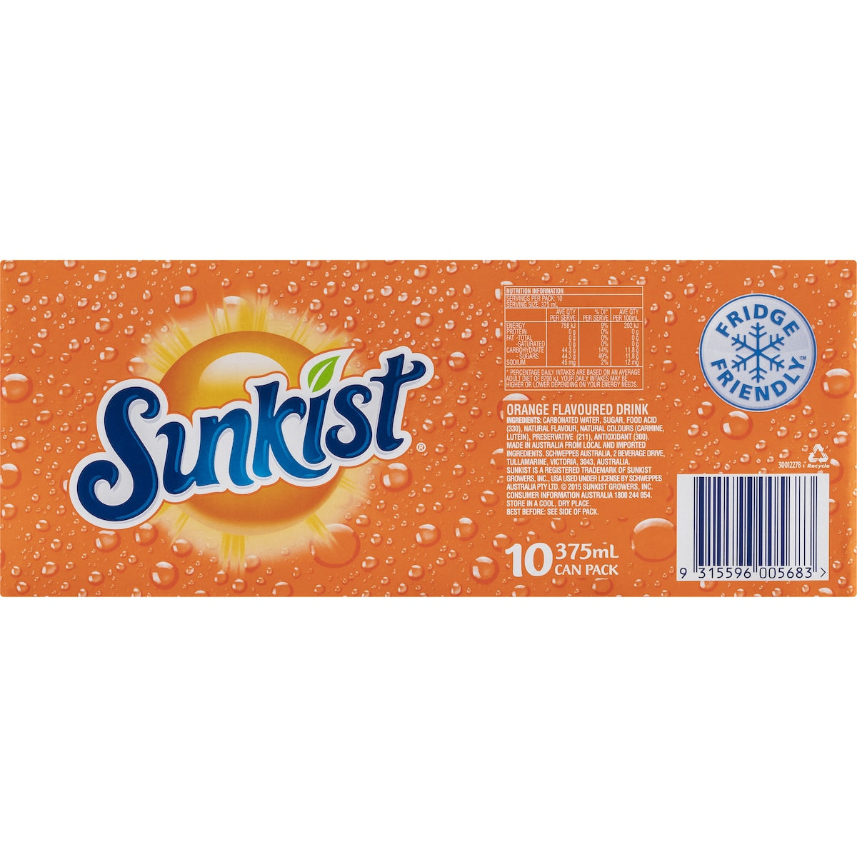 Sunkist Orange Soft Drink Cans 375ml X 10 Pack