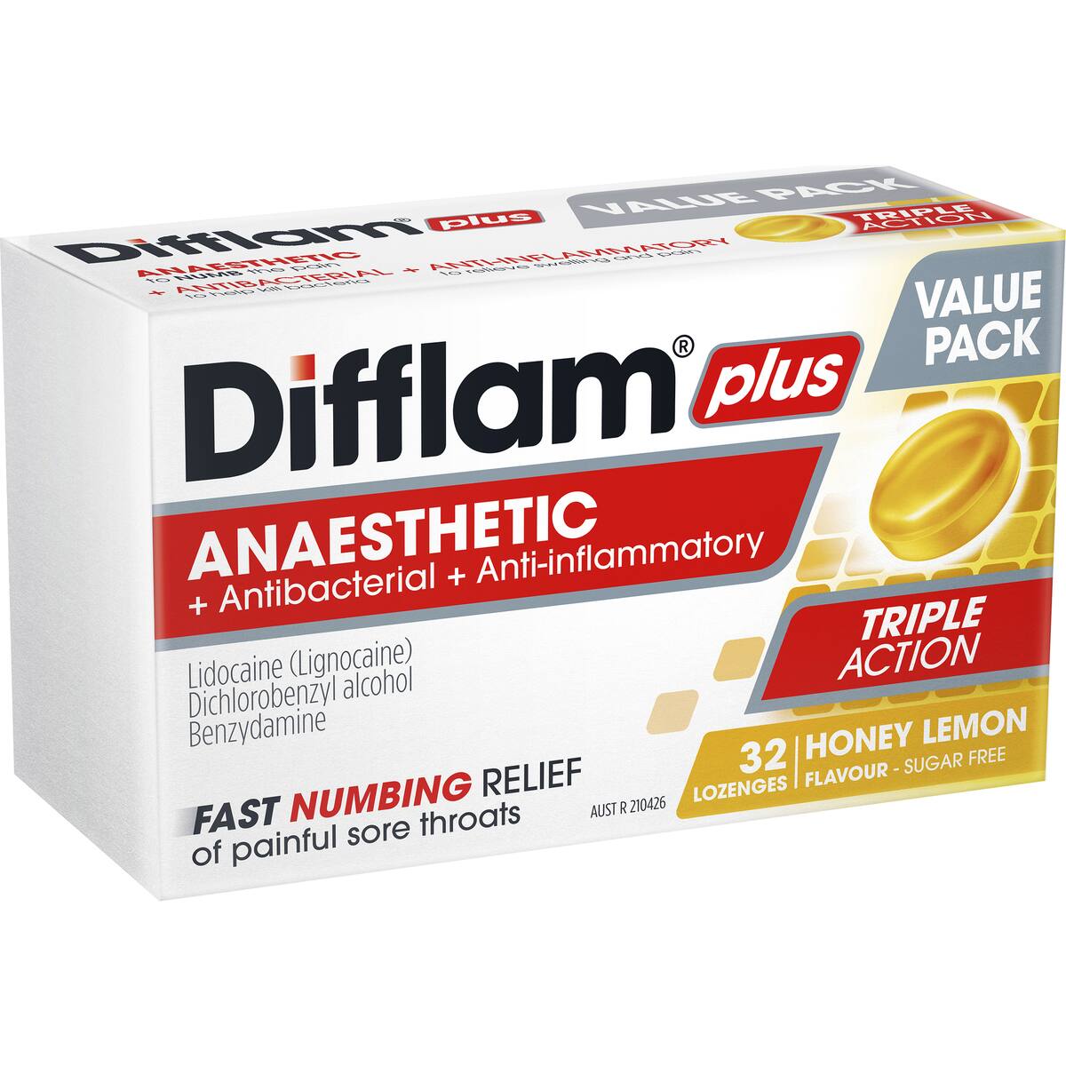 Difflam Plus Anaesthetic Sore Throat Lozenges Honey & Lemon 32 Pack