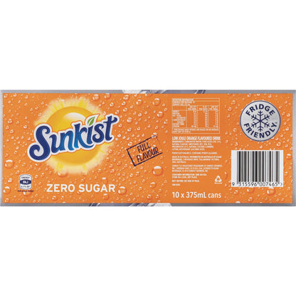 Sunkist Zero Sugar Orange Soft Drink Cans 375ml X 10 Pack