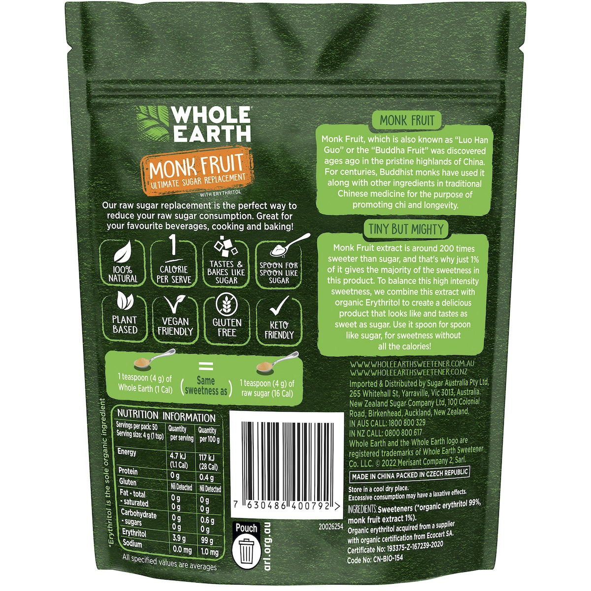 Whole Earth Monk Fruit Raw Sugar Replacement 200g