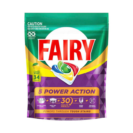 Fairy 5 Power Action Lemon Dishwashing Tablets - 34 Pack