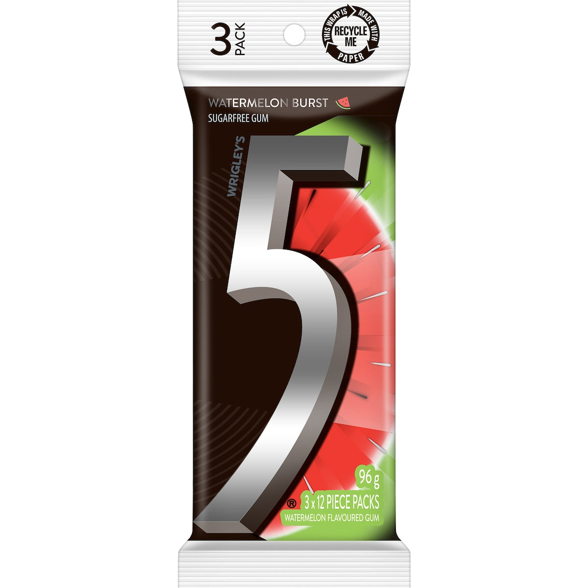 5gum Watermelon Burst Sugar Free Gum 3pk 96g