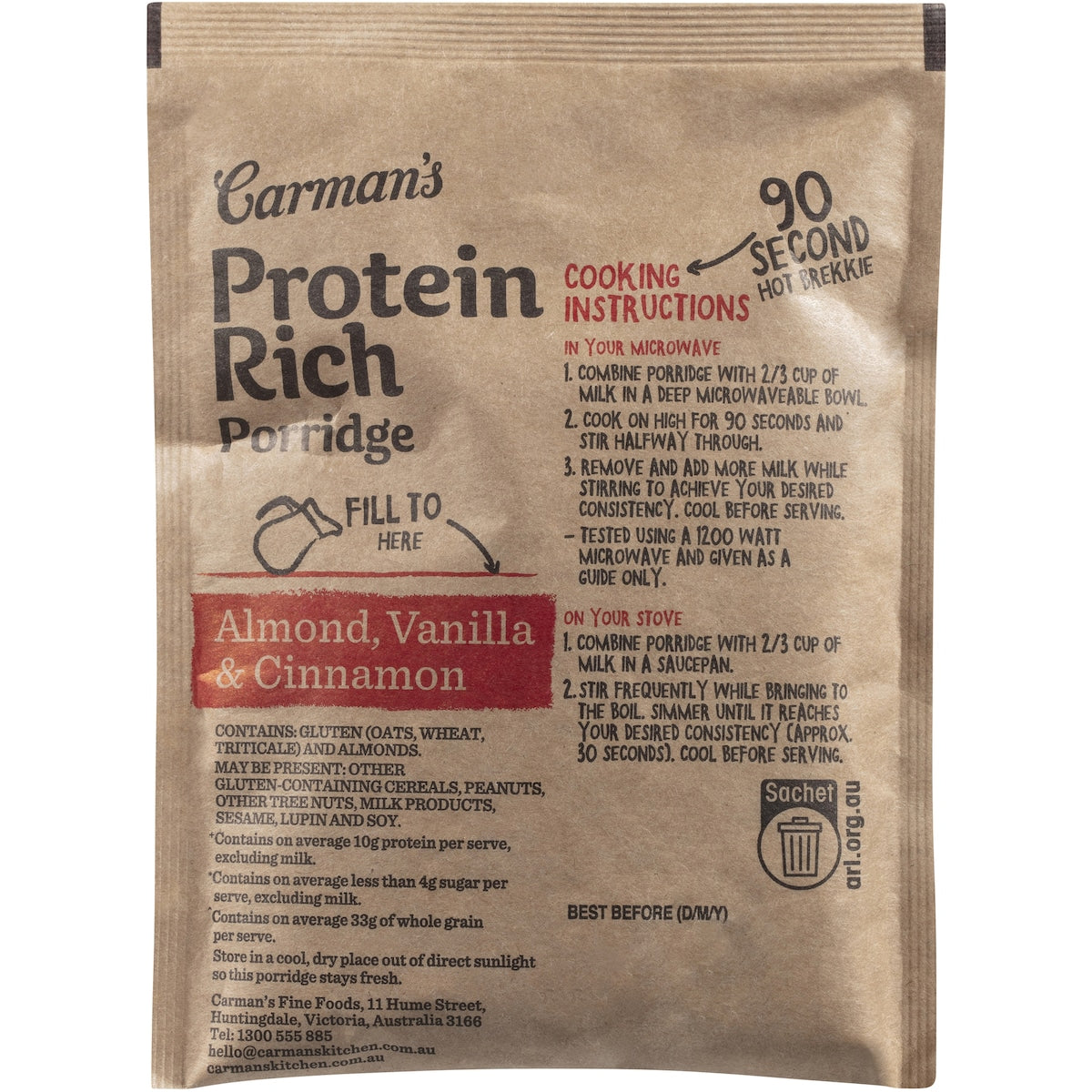 Carmans Protein Porridge Sachets Almond Vanilla & Cinnamon 6 Pack