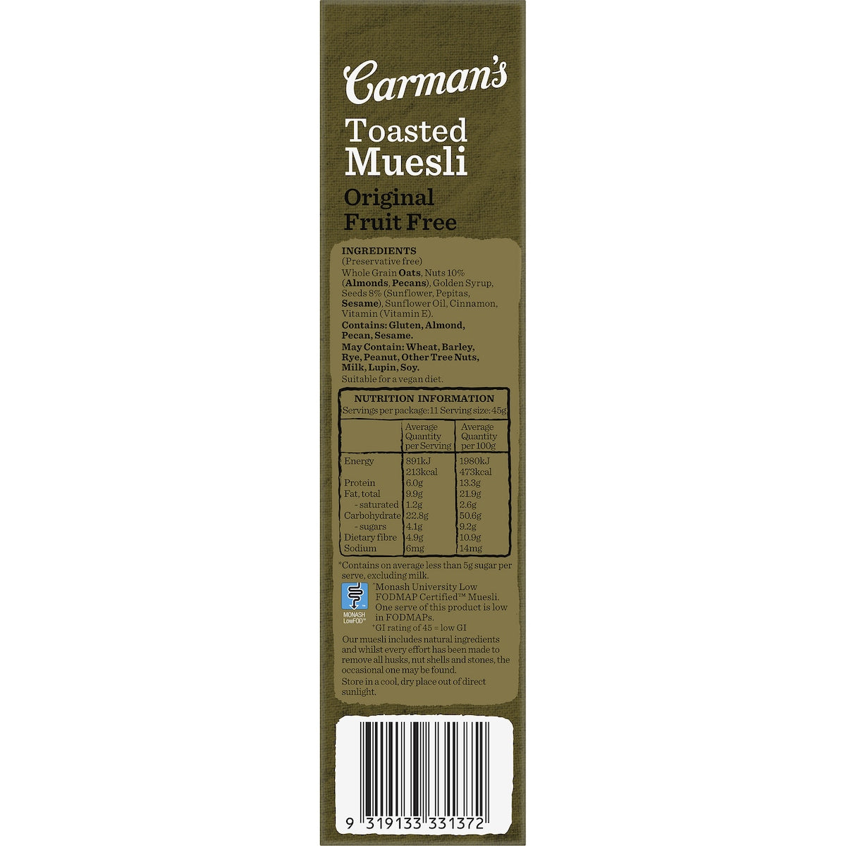 Carmans Muesli Toasted Original Fruit Free 500g