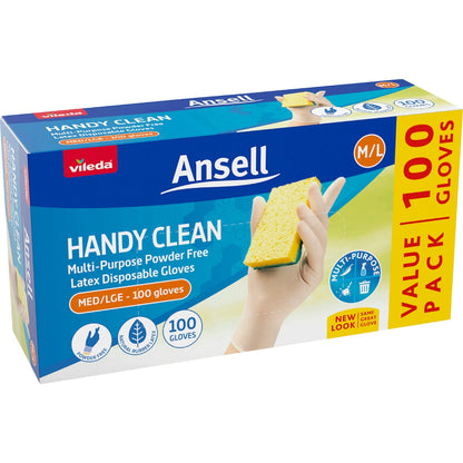 Vileda Ansell Handy Clean Latex Multi-purpose Gloves M/l 100 Pack