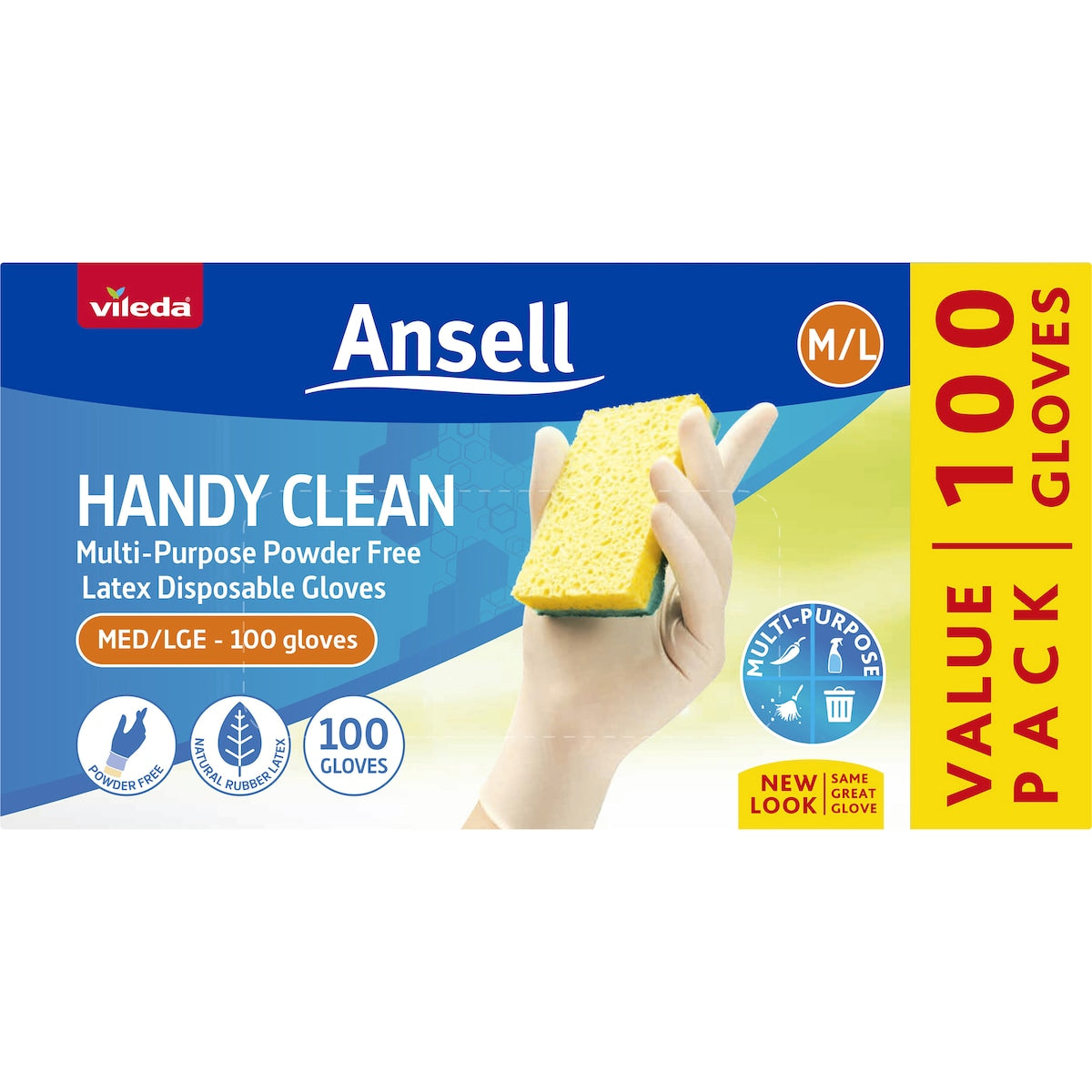 Vileda Ansell Handy Clean Latex Multi-purpose Gloves M/l 100 Pack