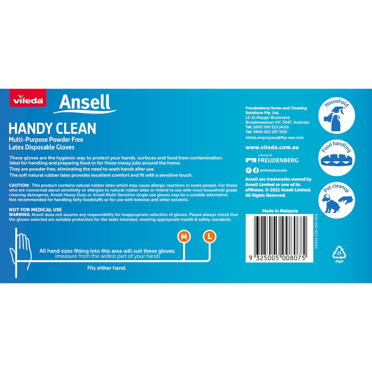 Vileda Ansell Handy Clean Latex Multi-purpose Gloves M/l 100 Pack