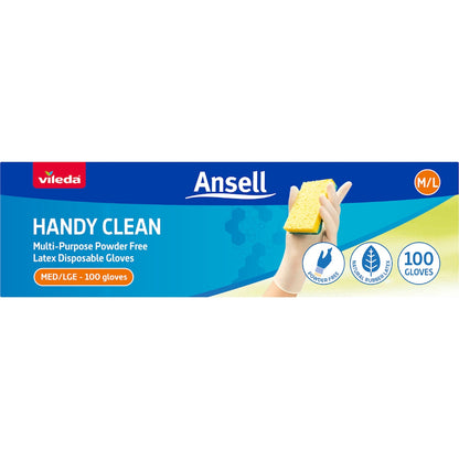 Vileda Ansell Handy Clean Latex Multi-purpose Gloves M/l 100 Pack
