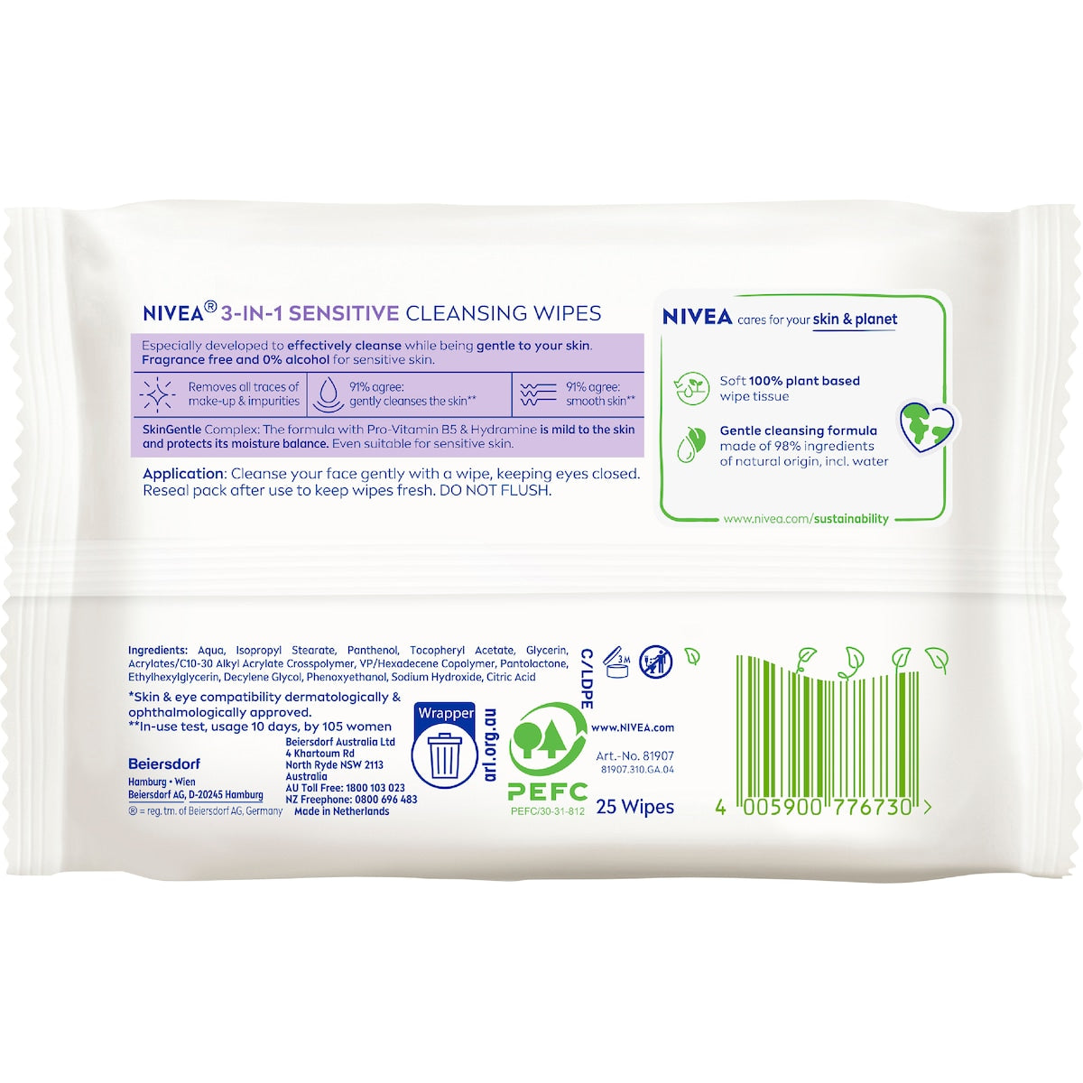 Nivea Sensitive Biodegradable Face Cleansing Makeup Wipes 25 Pack