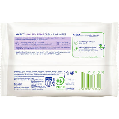 Nivea Sensitive Biodegradable Face Cleansing Makeup Wipes 25 Pack