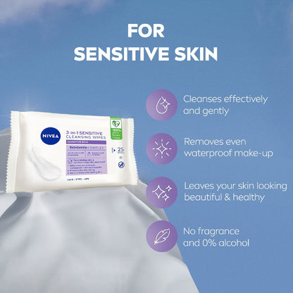 Nivea Sensitive Biodegradable Face Cleansing Makeup Wipes 25 Pack