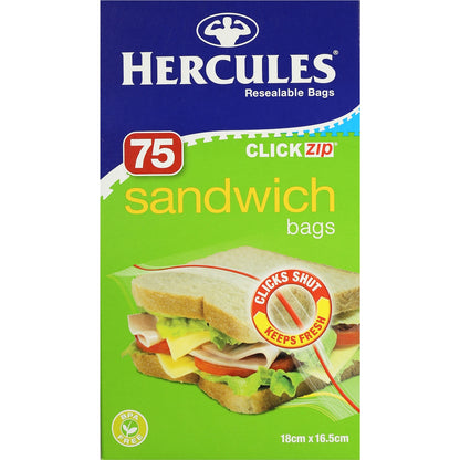 Hercules Click Zip Resealable Sandwich Bags 75 Pack