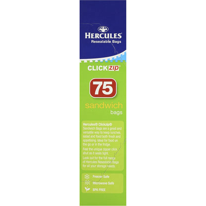 Hercules Click Zip Resealable Sandwich Bags 75 Pack