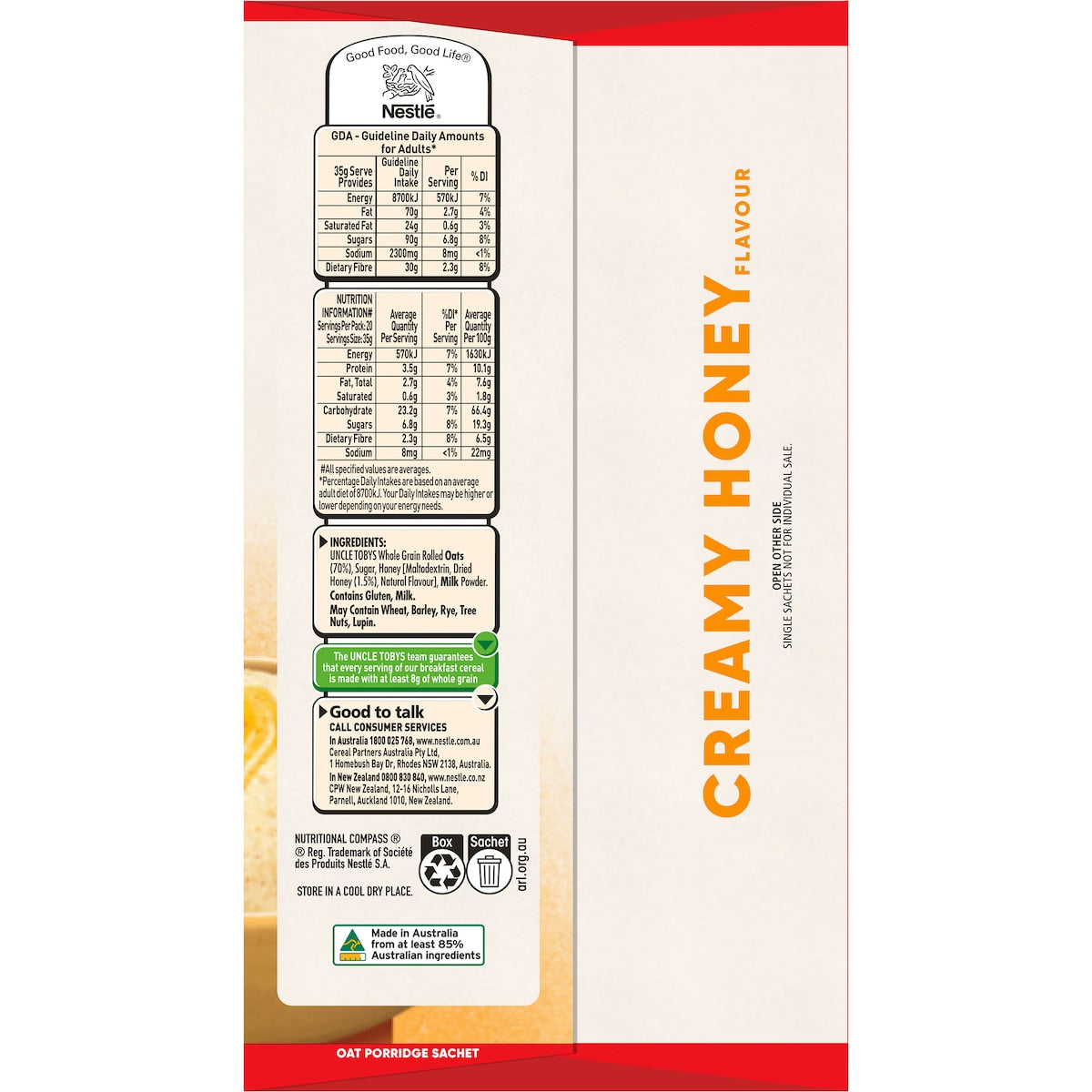 Uncle Tobys Oats Quick Sachets Family Pack Creamy Honey Porridge 700g