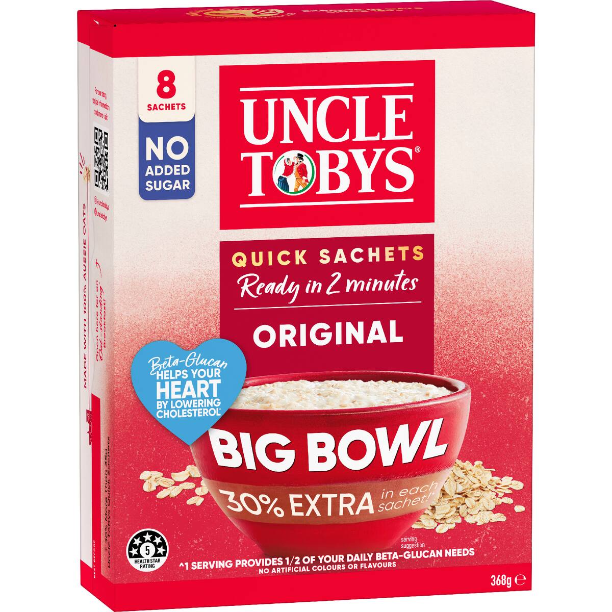 Uncle Tobys Oats Quick Sachets Big Bowl Original Porridge 368g