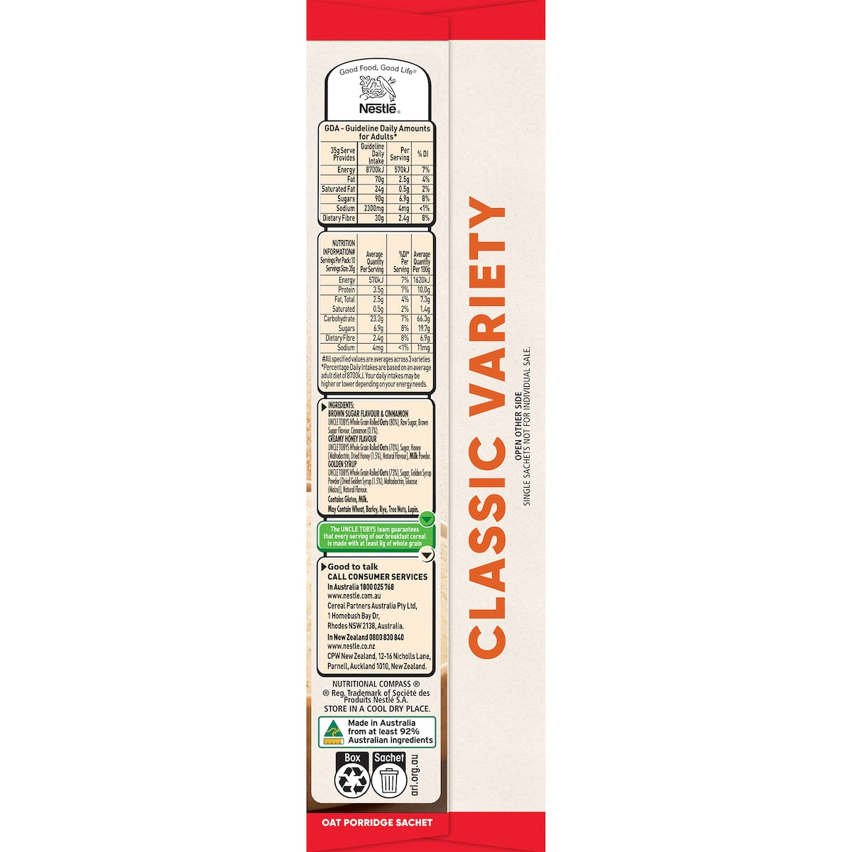 Uncle Tobys Oats Quick Sachets Classic Variety Porridge 350g
