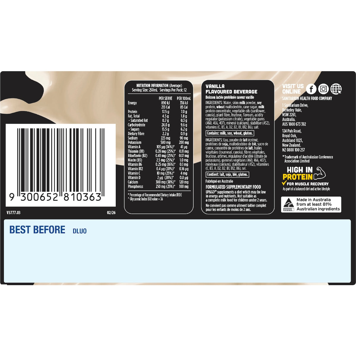 Up&go Protein Energize Breakfast Liquid Vanilla 250ml X 12 Pack