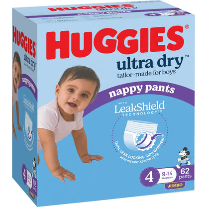Huggies Ultra Dry Nappy Pants Boys Size 4 (9-14kg) 62 Pack
