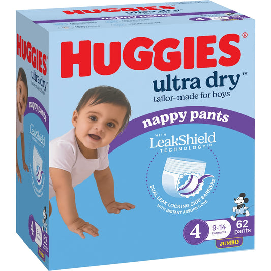 Huggies Ultra Dry Nappy Pants Boys Size 4 (9-14kg) 62 Pack