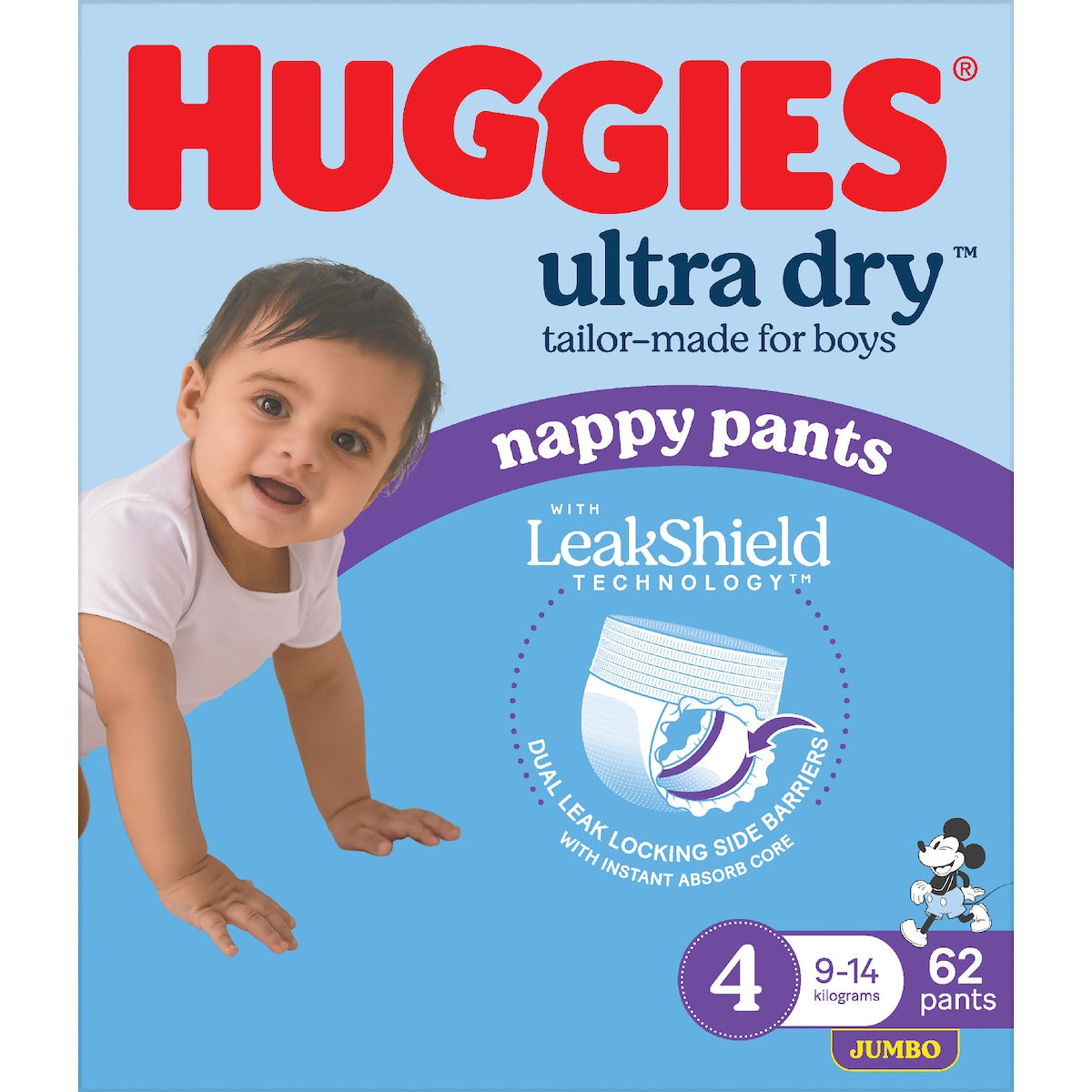 Huggies Ultra Dry Nappy Pants Boys Size 4 (9-14kg) 62 Pack